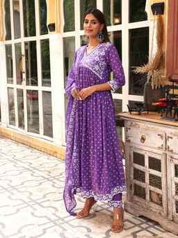 FASHOR - Printed Anarkali Kurta with Pant & Dupatta-Purple (Set of 3)