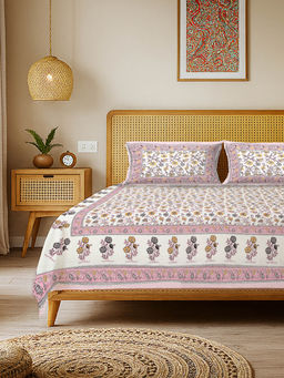 Urban Space - Rajasthani Ethnic 100% Cotton King Bedsheet with 2 Pillow Covers, Jagmandir Pink