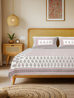 Urban Space - Rajasthani Ethnic 100% Cotton King Bedsheet with 2 Pillow Covers, Padmini Pink
