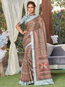 Akhilam - Womens Pashmina Silk Brown Printed Designer Saree with Unstitched Blouse
