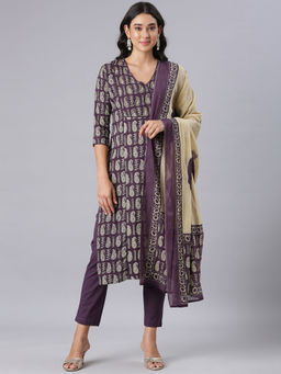 NEERU'S - Purple Printed Straight Kurta with Pant With Dupatta (Set of 3)