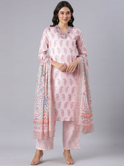NEERU'S - Peach Printed Straight Kurta with Pant & Dupatta (Set of 3)