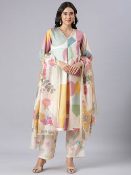 NEERU'S - Cream Printed Kurta with Pant & Dupatta (Set of 3)