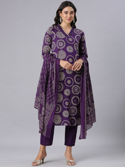 NEERU'S - Purple Printed Straight Kurta with Pant & Dupatta (Set of 3)
