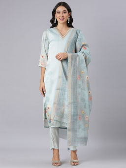 NEERU'S - Blue Printed Straight Kurta with Pant & Dupatta (Set of 3)
