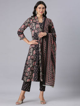 NEERU'S - Black Printed Straight Kurta with Pant & Dupatta (Set of 3)
