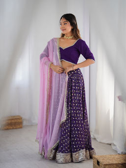 Rangpur - Purple Lehenga with Unstitched Blouse & Dupatta (Set of 3)