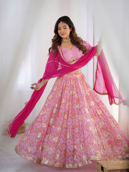 Rangpur - Pink Tiered Lehenga with Stitched Blouse and Magenta Dupatta (Set of 3)