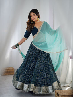 Rangpur - Teal Blue Lehenga With Stiched Blouse and Powder Blue Dupatta (Set of 3)