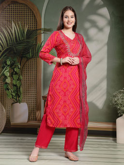 Nayam by lakshita - Bandhani Printed Rayon Straight Kurta with Pant & Dupatta (Set of 3)