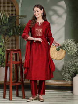 Nayam by lakshita - Solid A-line Silk Kurta with Pant & Dupatta (Set of 3)