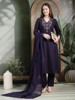 Nayam by lakshita - Purple Embroidered Straight Kurta Set with Dupatta for Women (Set of 3)