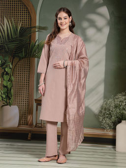 Nayam by lakshita - Solid Embroidered Cotton Calf Length Kurta with Pant & Dupatta (Set of 3)