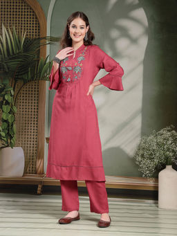 Nayam by lakshita - Solid Embroidered A-line Calf Length Kurta and Pant (Set of 2)