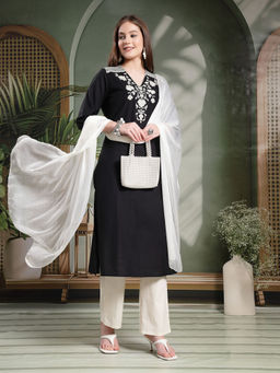 Nayam by lakshita - Solid Embroidered Cotton Kurta with Pant & Dupatta for Women (Set of 3)