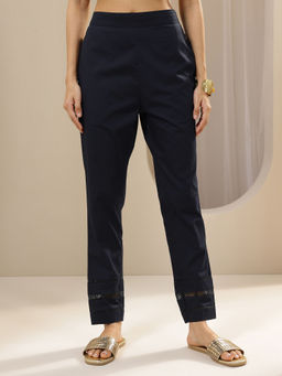 Libas - Navy Blue solid Regular fit Pant with attached lace on hem