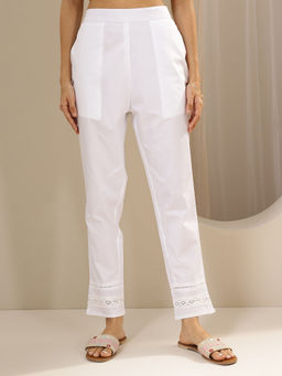 Libas - White solid Regular fit Pant with embroidered hem