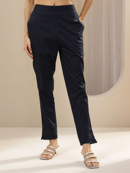 Libas - Blue solid Regular fit Pant with embroidered hem