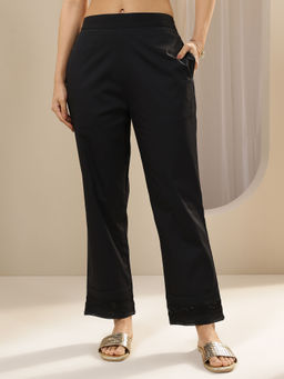Libas - Black solid Regular fit Pant with embroidered hem