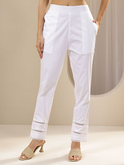Libas - White solid Regular fit Pant with attached lace on hem