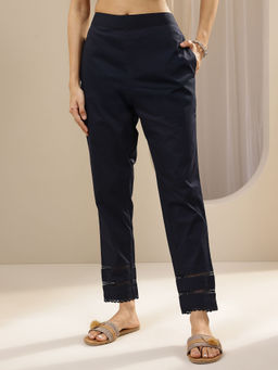 Libas - Navy Blue solid Regular fit Pant with attached lace on hem