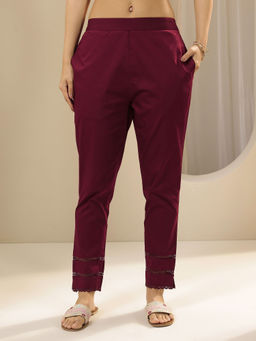 Libas - Maroon solid Regular fit Pant with attached lace on hem