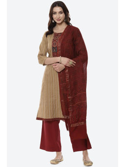 Biba - Mustard Maroon Cotton Unstitched Suit (Set of 3)