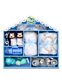 Little Surprise Box - 22 Pcs Baby Wooden Dollhouse New Bron Baby Hamper Blue (6-12 Months)