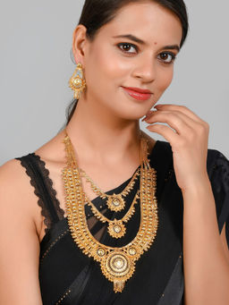 Silvermerc Designs - Gold Plated Triple Layer Temple Necklace and Earrings (Set of 2)