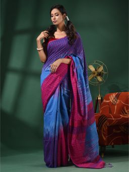 CHARUKRITI - Blue And Pink Cotton Blend Handwoven Saree With Ikkat Style and Unstitched Blouse