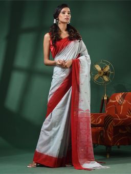 CHARUKRITI - Mint Green Cotton Handwoven Saree With Texture Designs and Unstitched Blouse
