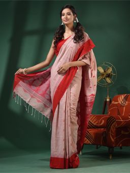 CHARUKRITI - Beige Cotton Handwoven Saree With Texture Designs and Unstitched Blouse