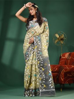 CHARUKRITI - Ecru Handwoven Dhakai Jamdani Saree With Foliage Designs without Blouse
