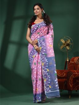 CHARUKRITI - Pink Handwoven Dhakai Jamdani Saree With Foliage Designs without Blouse