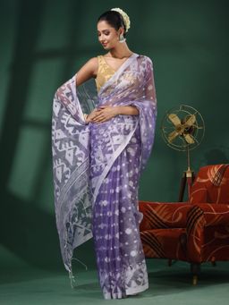 CHARUKRITI - Violet Muslin Handwoven Saree With Jamdani Designs and Unstitched Blouse