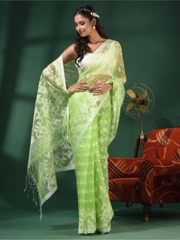 CHARUKRITI - Light Green Muslin Handwoven Saree With Jamdani Designs and Unstitched Blouse