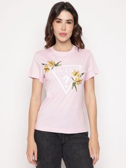 Guess - Pink Printed Round Neck Zoey Artisan Jersey T-Shirt