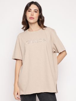 Guess - Beige Embroidered Round Neck Athena Maxi T-Shirt