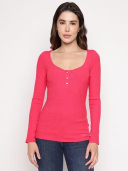 Guess - Pink Textured Round Neck Karlee Top