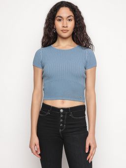 Guess - Blue Ribbed Round Neck Dorotea Crop Top