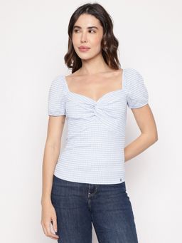Guess - Blue Checked Sweetheart Neck Lazize Top