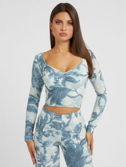 Guess - Blue Printed Sweetheart Neck Enriqueta Crop Top