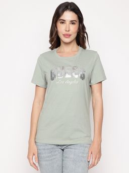 Guess - Green Embellished Round Neck T-Shirt