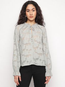 Guess - Green Self Design Ruffled Neck Denise Frill Top