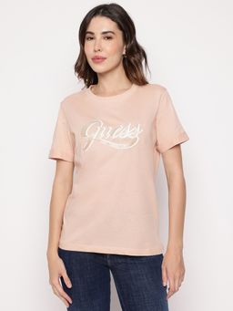 Guess - Peach Typography Round Neck Glittery Logo T-Shirt