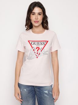 Guess - Pink Printed Round Neck Icon T-Shirt