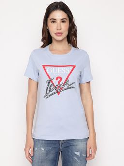 Guess - Blue Printed Round Neck Icon T-Shirt