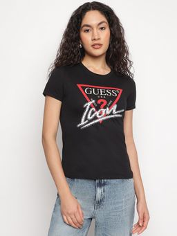 Guess - Black Printed Round Neck Icon T-Shirt