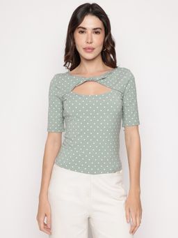 Guess - Green Polka Dots Round Neck Clara Twisted Top