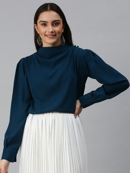 SHOWOFFFF - Women High Neck Full Sleeves Solid Teal Top